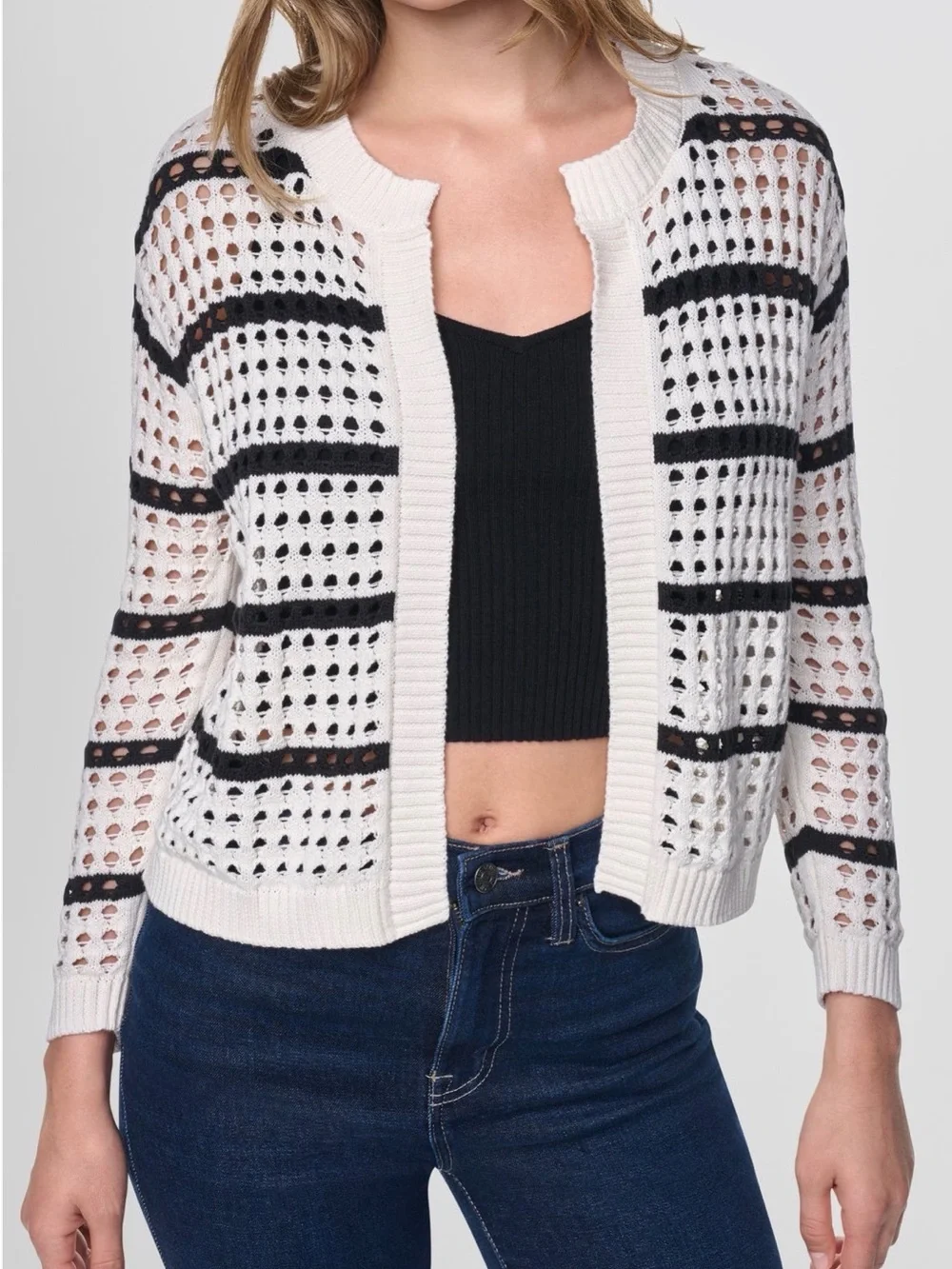 DKNY Striped Openwork Cardigan - Eggnog & Black